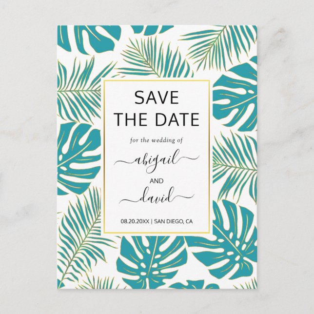 Cartão Postal De Anúncio Casamento com folhas tropicais douradas Salve a da (Frente)