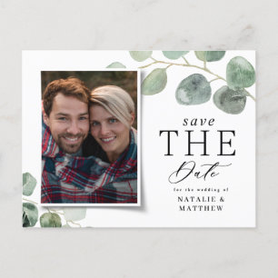 Cartão Postal De Anúncio Casamento com foto botânica de eucalipto em script