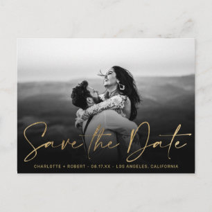 Cartão Postal De Anúncio Casamento com foto de ouro legante salvar data