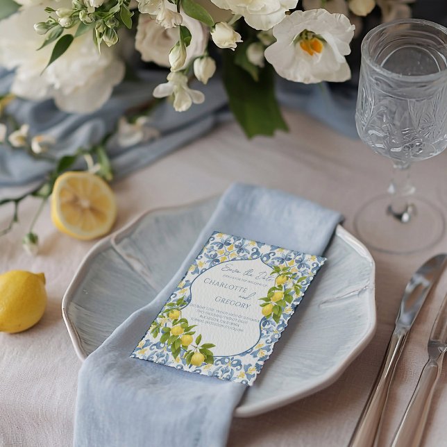 Cartão Postal De Anúncio Casamento com Lemon Azulejo Azul Italiano Salvar a (Criador carregado)