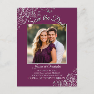 Cartão Postal De Anúncio Casamento com Magenta Plum e Silver Salve a Foto d