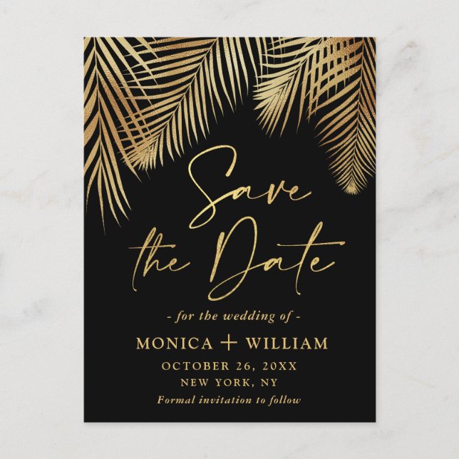 Cartão Postal De Anúncio Casamento com Ramificação de Palma do Ouro Elegant (Frente)