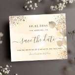 Cartão Postal De Anúncio Casamento com relíquia de ouro Eucalyptus salve a<br><div class="desc">Um fundo de cor aquosa de ouro decorado com folhagem de eucalipto ouro e pó de dourado falso. Personalize e adicione a data, o local e seus nomes. Letras coloridas com ouro. O texto: Salvar a Data é gravado com um script de estilo com letra de tendência grande. Traseira: fundo...</div>