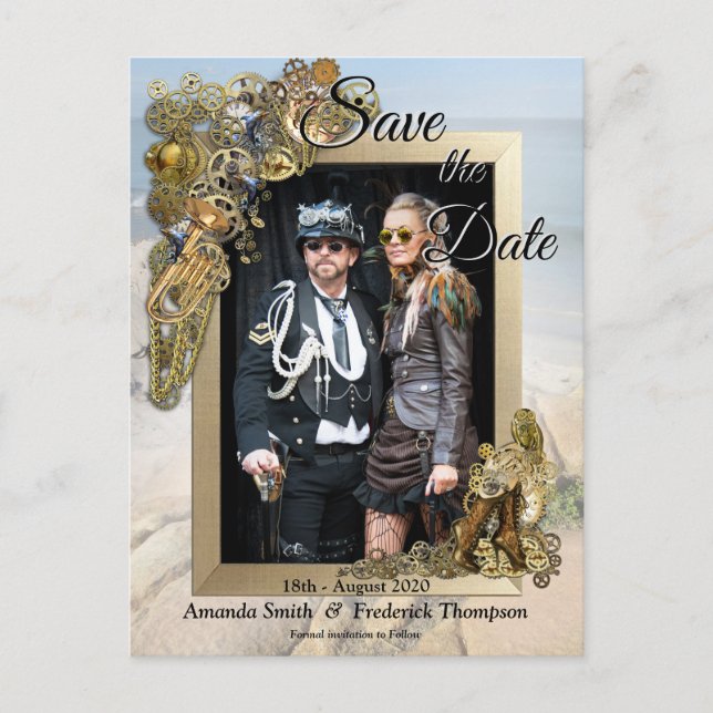 Cartão Postal De Anúncio Casamento com Steampunk pelo Mar Salve a Data (Frente)