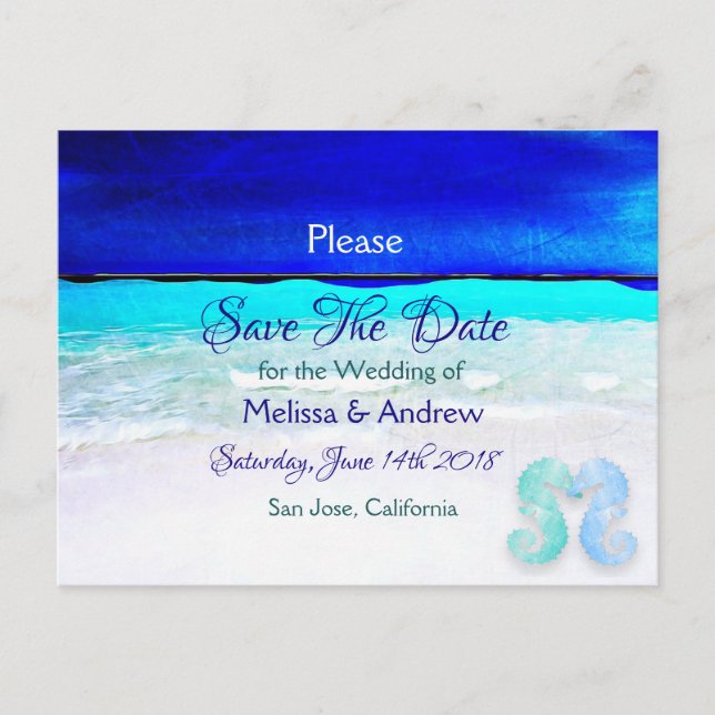 Cartão Postal De Anúncio Casamento com Tema de Oceano Praia Azul Salve a Da (Frente)
