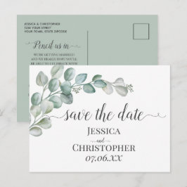Cartão Postal De Anúncio Casamento com Verde de Eucalipto em Aquarela Rústi