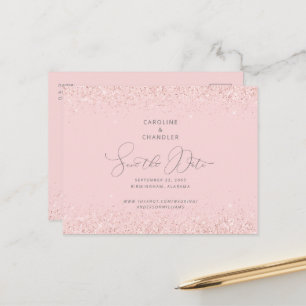 Cartão Postal De Anúncio Casamento Cor-de-Rosa e Brilho Prateado Save the D