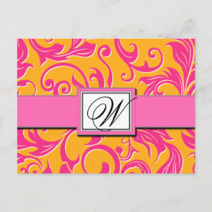 Cartão Postal De Anúncio Casamento cor-de-rosa laranja Monograma Damask Sal