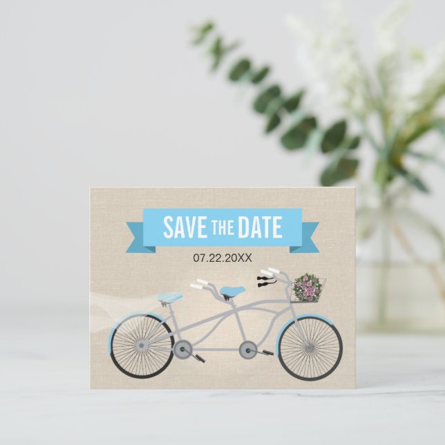 Cartão Postal De Anúncio Casamento da Bicicleta Tandem Salve a Data (Em pé/Frente)