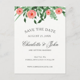 Cartão Postal De Anúncio Casamento das Flores Greenery Peach salva as datas