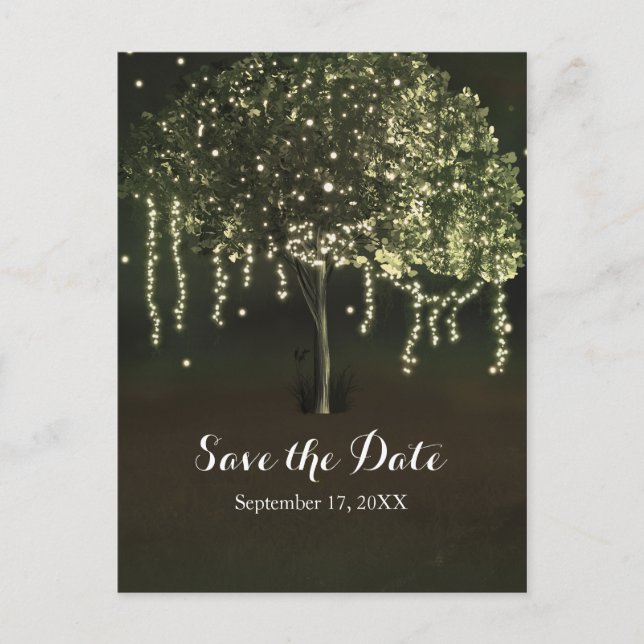 Cartão Postal De Anúncio Casamento De Árvore Luz Rustic Mossy Salva A Data (Frente)