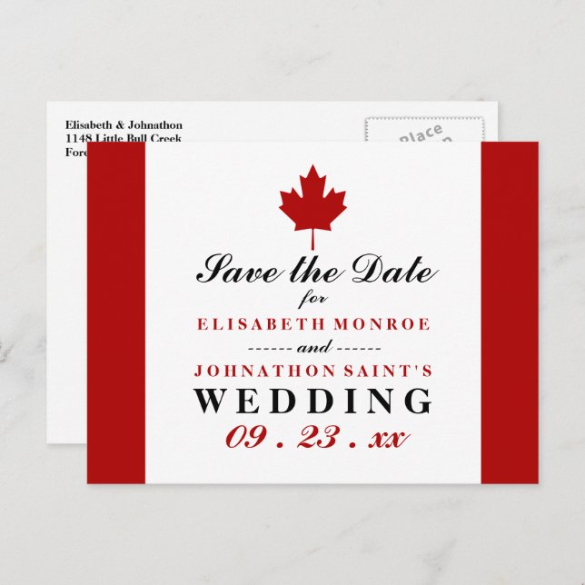 Cartão Postal De Anúncio Casamento De Bandeira Canadense Salva A Data (Frente/Verso)
