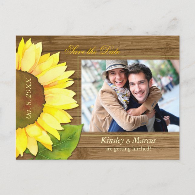 Cartão Postal De Anúncio Casamento de Barnwood Sunflower Salve a Data (Frente)