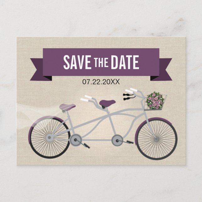 Cartão Postal De Anúncio Casamento de Bicicleta de Tandem Salve a Data (Frente)