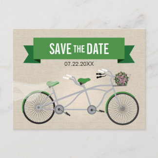 Cartão Postal De Anúncio Casamento de Bicicleta Verde Tandem Salve a Data