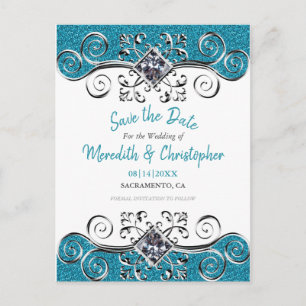 Cartão Postal De Anúncio Casamento de Bling Turquesa Glitter Salva a Data