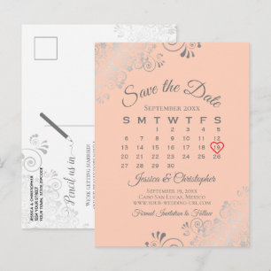 Cartão Postal De Anúncio Casamento de coral de local prateado Salve o calen