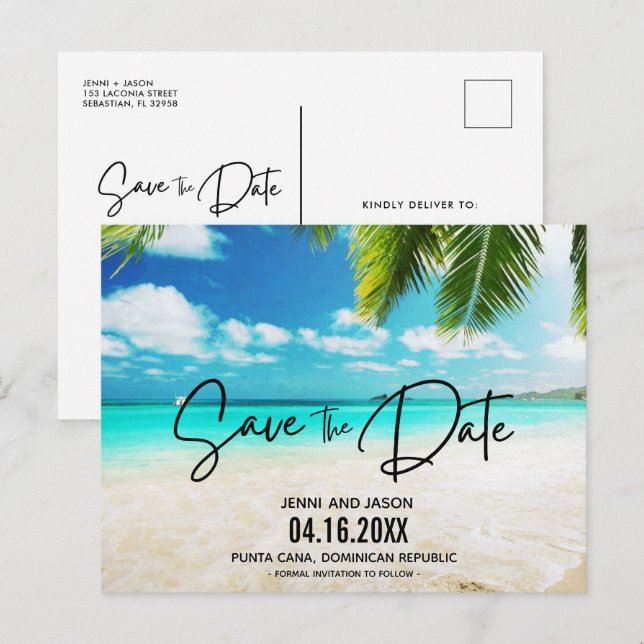 Cartão Postal De Anúncio Casamento De Destino De Praia Salva A Data  (Frente/Verso)