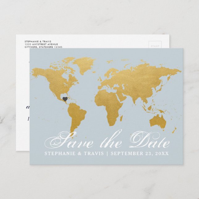 Cartão Postal De Anúncio Casamento de Destino do Mapa Mundial Salve a Data (Frente/Verso)