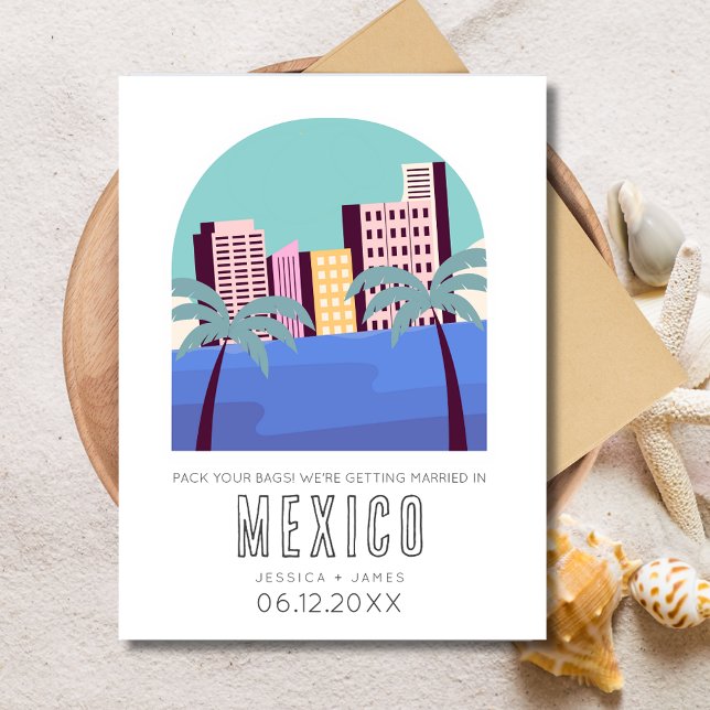 Cartão Postal De Anúncio Casamento de Destino Tropical México Salvar a Data (Mexico Destination Beach Wedding Save the Date Postcard)