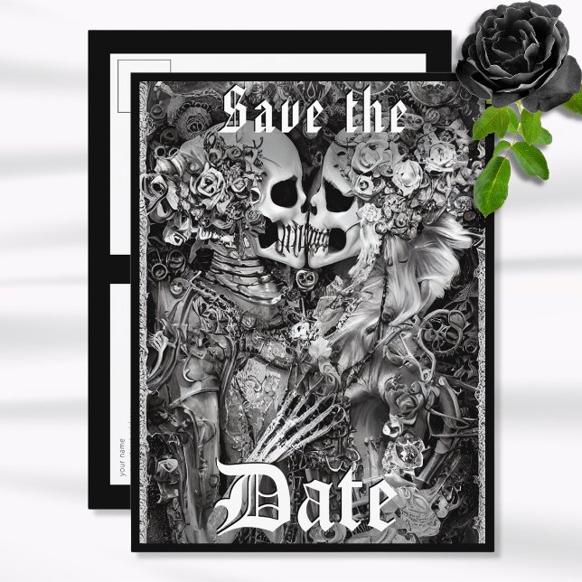 Cartão Postal De Anúncio Casamento de Dia das Bruxas Gótico Escuro Salve a  (Gothic Save the Date Postcard)
