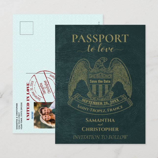 Cartão Postal De Anúncio Casamento de diversão de passaporte teal Salve a d (Frente/Verso)