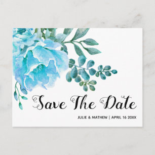 Cartão Postal De Anúncio Casamento de flores azuis salve a data