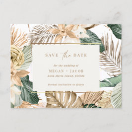 Cartão Postal De Anúncio Casamento de Folha Tropical de Praia Salvar a Data