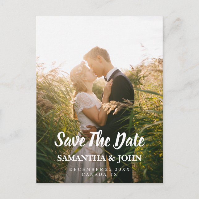 Cartão Postal De Anúncio Casamento de Foto de Script Moderno Salva A Data (Frente)