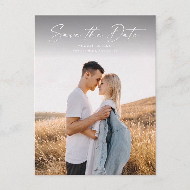 Cartão Postal De Anúncio Casamento de Foto de Script Moderno Salve a Data (Frente)