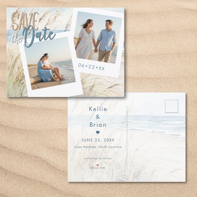 Cartão Postal De Anúncio Casamento de Foto em Praia da Aquarela Moderna (Modern Seaside Watercolor Beach Photo Save The Date Postcard)