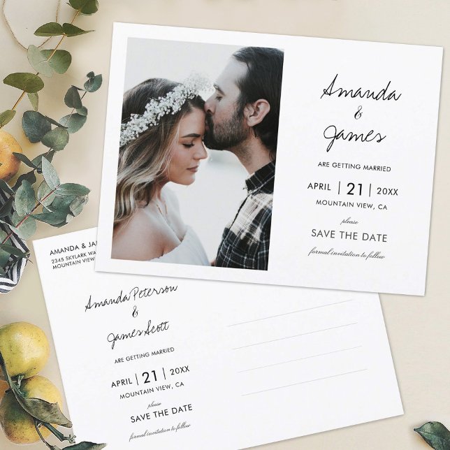 Cartão Postal De Anúncio Casamento de Foto Moderno Elegante Salve a Data (Criador carregado)