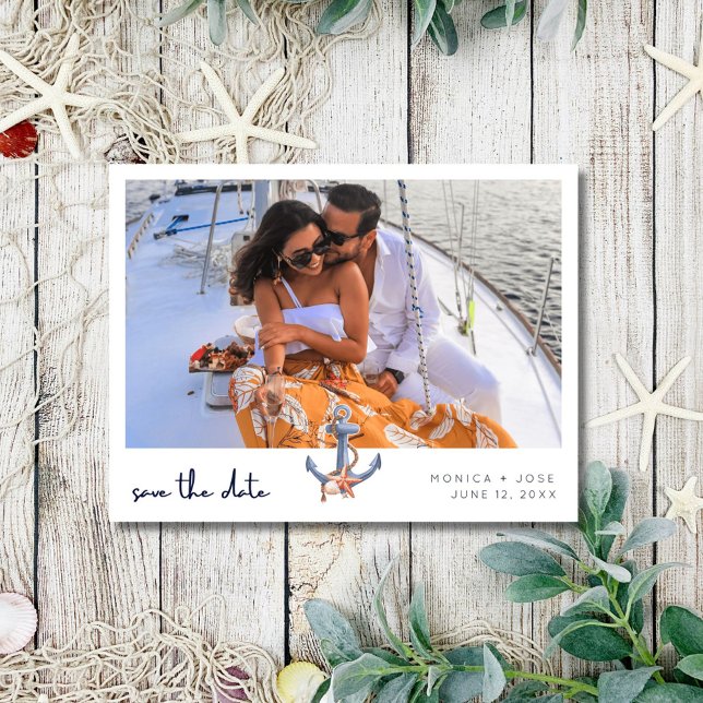 Cartão Postal De Anúncio Casamento de Foto Náutico Salvar a Data (Nautical Photo Wedding Save the Date)