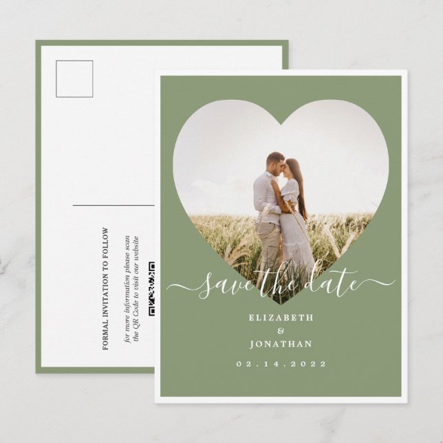 Cartão Postal De Anúncio Casamento de Foto Verde Elegante Salva A Data (Frente/Verso)