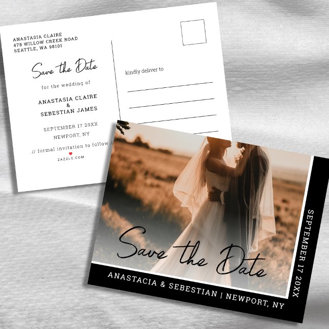 Cartão Postal De Anúncio Casamento de Fotos em Preto e Branco com Script Ch (Elegant Chic Script Black and White Photo Wedding Announcement Postcard)