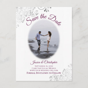 Cartão Postal De Anúncio Casamento de fotos magenta de prata salve a data