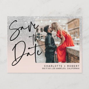Cartão Postal De Anúncio Casamento de fotos reluzentes de prata salve a dat