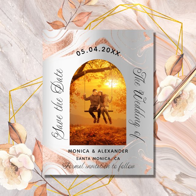 Cartão Postal De Anúncio Casamento de fotos rosa ouro de prata salvar a dat (Criador carregado)