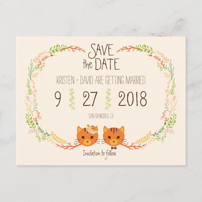 Cartão Postal De Anúncio Casamento de Gatos da Floresta Branca Salve a Data (Frente)