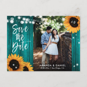 Cartão Postal De Anúncio Casamento de Girassol Azul Turquesa Rústico Foto S