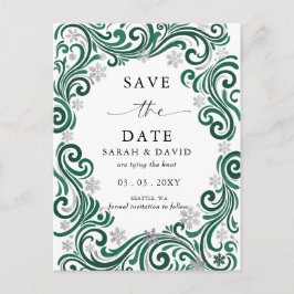 Cartão Postal De Anúncio Casamento de Inverno Flocos de Neve Verde Esmerald