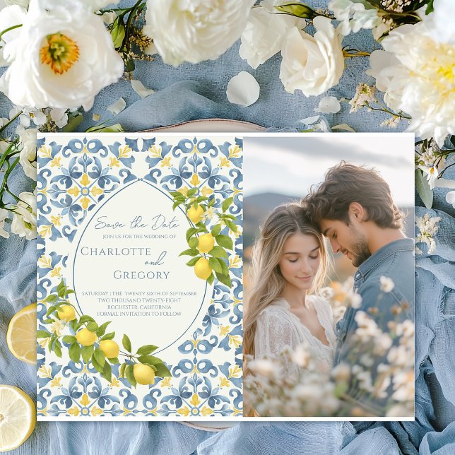 Cartão Postal De Anúncio Casamento de Limão de Azulejo Azul Italiano Elegan (Criador carregado)