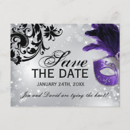 Cartão Postal De Anúncio Casamento de Mascarada roxo Salve a data