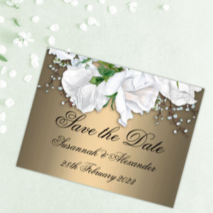 Cartão Postal De Anúncio Casamento de Noivado Boho Bronze e Rosas Brancas S