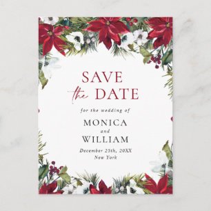 Cartão Postal De Anúncio Casamento de Pine da Elegante Poinsettia Vermelha