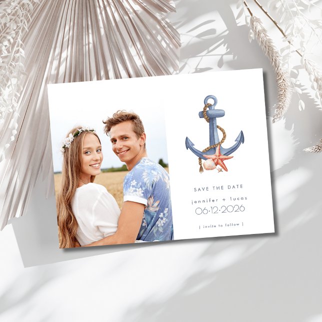 Cartão Postal De Anúncio Casamento de praia de foto náutica costeira Salve  (Coastal Nautical Photo Beach Wedding Save the Date Postcard)