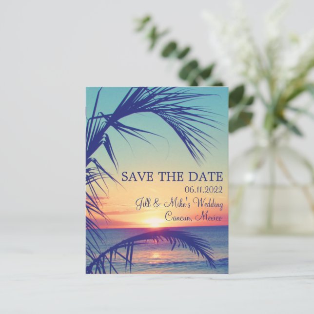Cartão Postal De Anúncio Casamento de praia tropical México Salva a Data (Em pé/Frente)