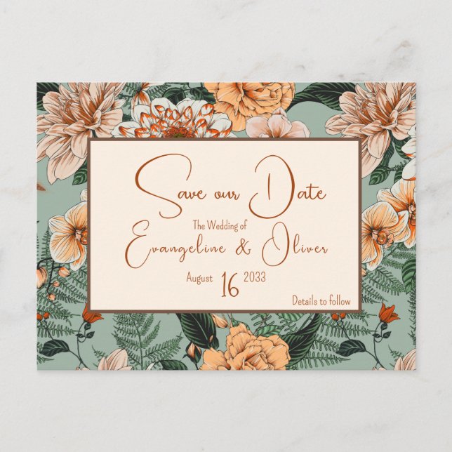 Cartão Postal De Anúncio Casamento de Queda Floral Terracotta Sage Blush (Frente)