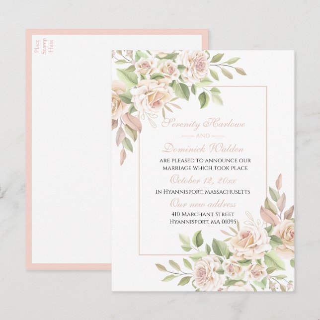Cartão Postal De Anúncio Casamento de Recem casados Floral Elegante-Rosa-Ro (Frente/Verso)