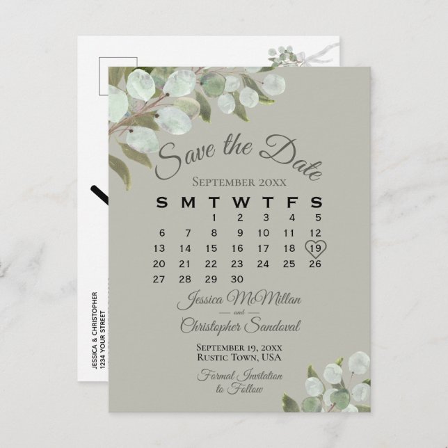 Cartão Postal De Anúncio Casamento de Sábado do Calendário Eucalyptus Salve (Frente/Verso)